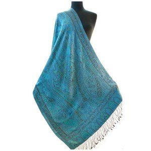 Shades of Blue Royal Blue Turquoise Reversible Paisley Jamavar Silk Shawl 77x29"